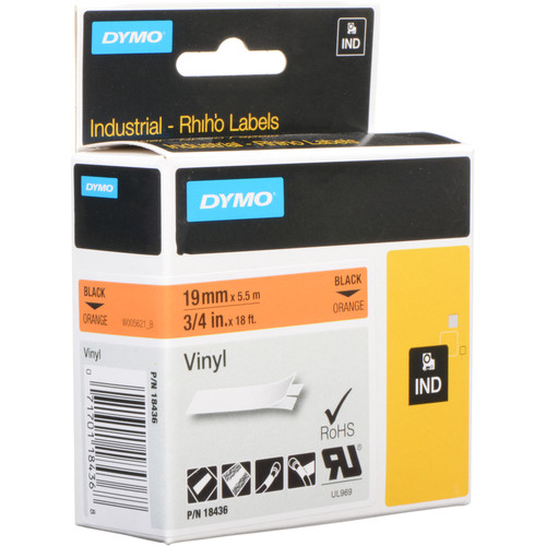 Dymo Rhino Vinyl 24mm 1" 18436 Black on Orange