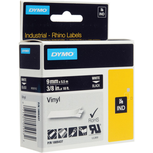 Dymo Rhino Vinyl 9mm 3/4"  18' 180445 Black on White Used